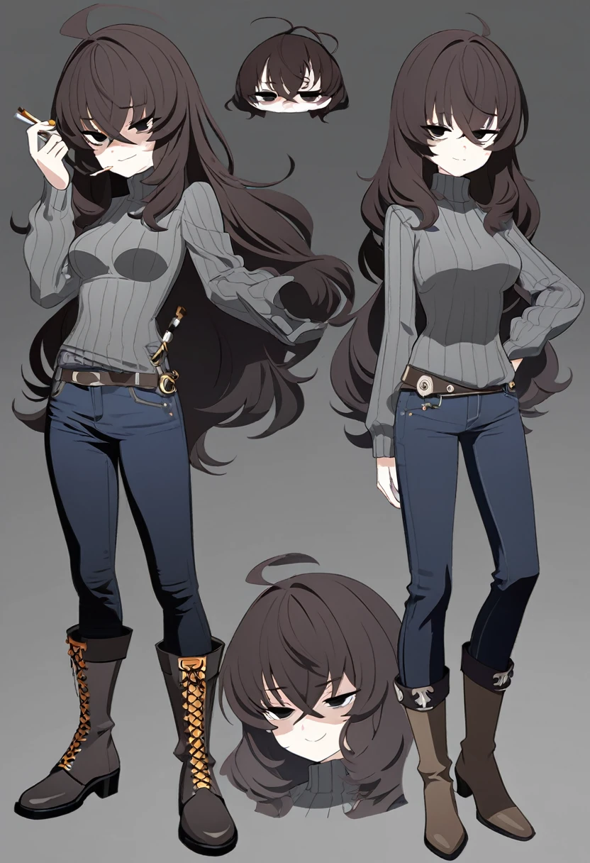 One Woman,Downer,older sister,Concept Art,Dark brown hair,Straight hair with slight inward curls,Staring eyes,Eye Ridge,black eye,Crossed bangs,whole body,smile,Slightly larger breasts,Gray background,Bangs that reach down to the eyes,Messy hair,Tight dark jeans,Gray turtleneck sweater,Multiple views of the same character,Character Design,Dark circles under the eyes,Bad look,Listless,Sloppy,Silver Jewelry,Cafe staff,Holding a cigarette,whole bodyCharacter Design,Detailed hands,Height: 170cm,boots,Fleshy body,