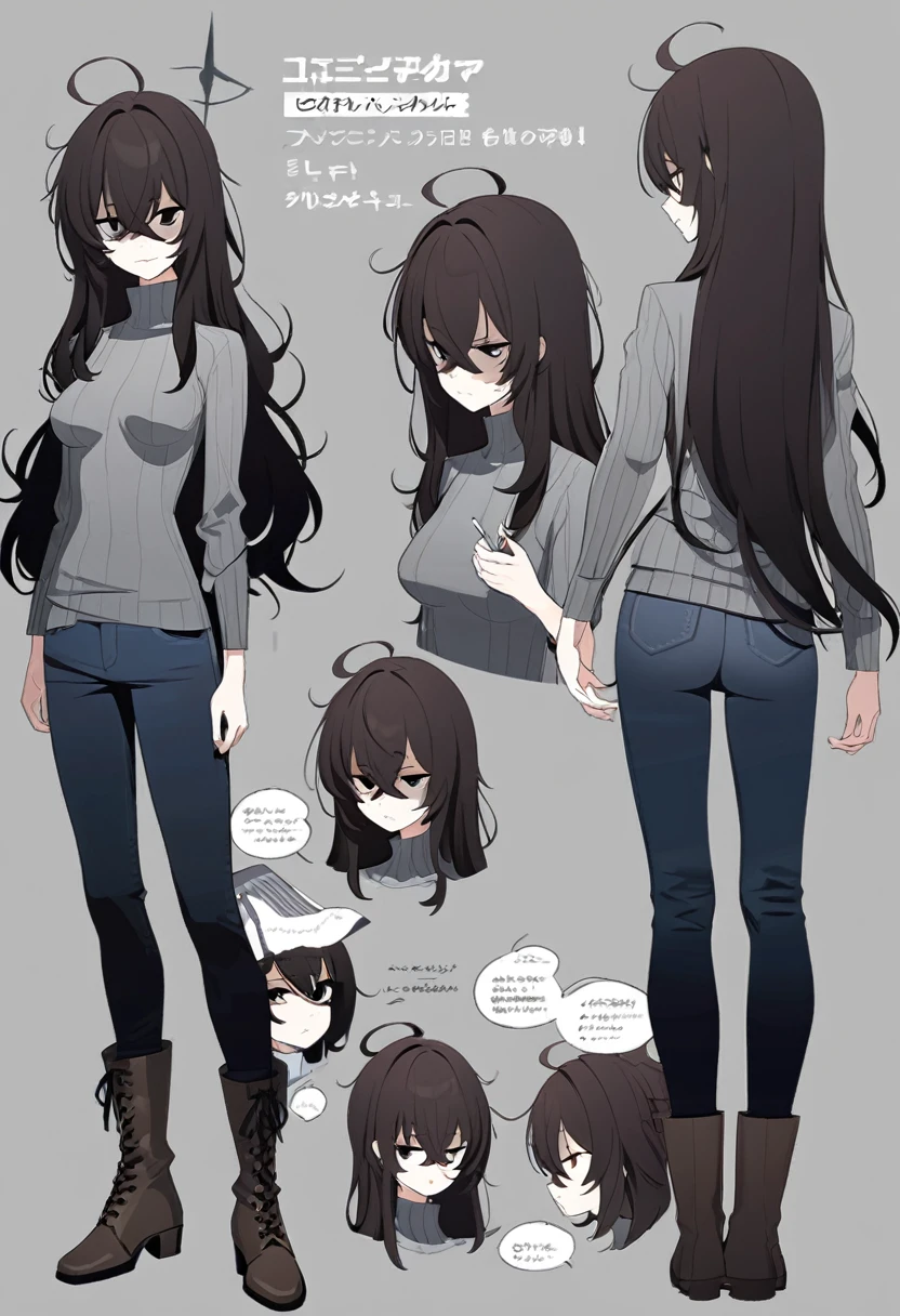 One Woman,Downer,older sister,Concept Art,Dark brown hair,Straight hair with slight inward curls,Staring eyes,Eye Ridge,black eye,Crossed bangs,whole body,smile,Slightly larger breasts,Gray background,Bangs that reach down to the eyes,Messy hair,Tight dark jeans,Gray turtleneck sweater,Multiple views of the same character,Character Design,Dark circles under the eyes,Bad look,Listless,Sloppy,Silver Jewelry,Cafe staff,Holding a cigarette,whole bodyCharacter Design,Detailed hands,Height: 170cm,boots,Fleshy body,