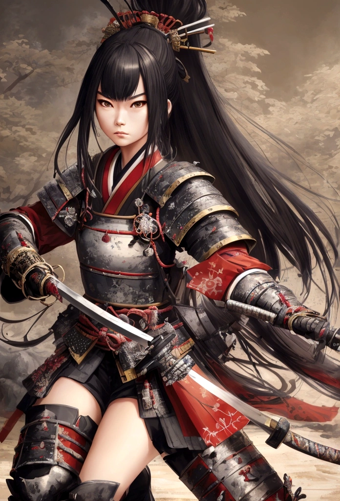 a picture of Japanese female samurai, she has long black hair, wearing samurai armor, armed with a katana, ready for battle, dynamic angle,, Japanese fantasy art, (Masterpiece: 1.5), 16k, highres, best quality, high details, ultra detailed, masterpiece, best quality, (extremely detailed), arafed, dnd art, 