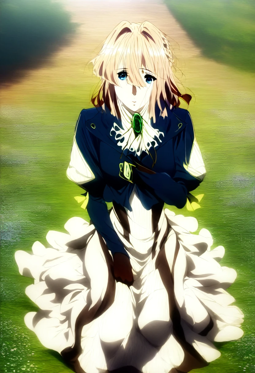 1girl, solo, aave, braid, hair ribbon, red ribbon, jewelry, white ascot, brooch, blue jacket, long sleeves, brown gloves, white dress, long dress, sitting, outdoors, field, flowers, dappled sunlight, cinematic angle, (masterpiece), (best quality), (ultra-detailed), very aesthetic, illustration, perfect composition, intricate details,