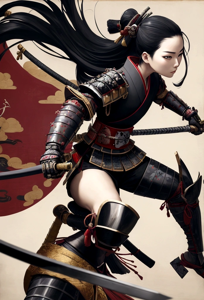 a picture of Japanese female samurai, she has long black hair, wearing samurai armor, armed with a katana, ready for battle, dynamic angle,, Japanese fantasy art, (Masterpiece: 1.5), 16k, highres, best quality, high details, ultra detailed, masterpiece, best quality, (extremely detailed), arafed, dnd art, 