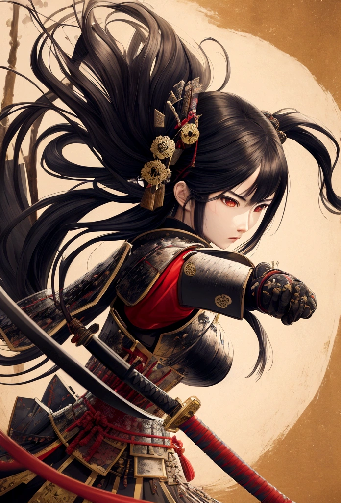 a picture of Japanese female samurai, she has long black hair, wearing samurai armor, armed with a katana, ready for battle, dynamic angle,, Japanese fantasy art, (Masterpiece: 1.5), 16k, highres, best quality, high details, ultra detailed, masterpiece, best quality, (extremely detailed), arafed, dnd art, 