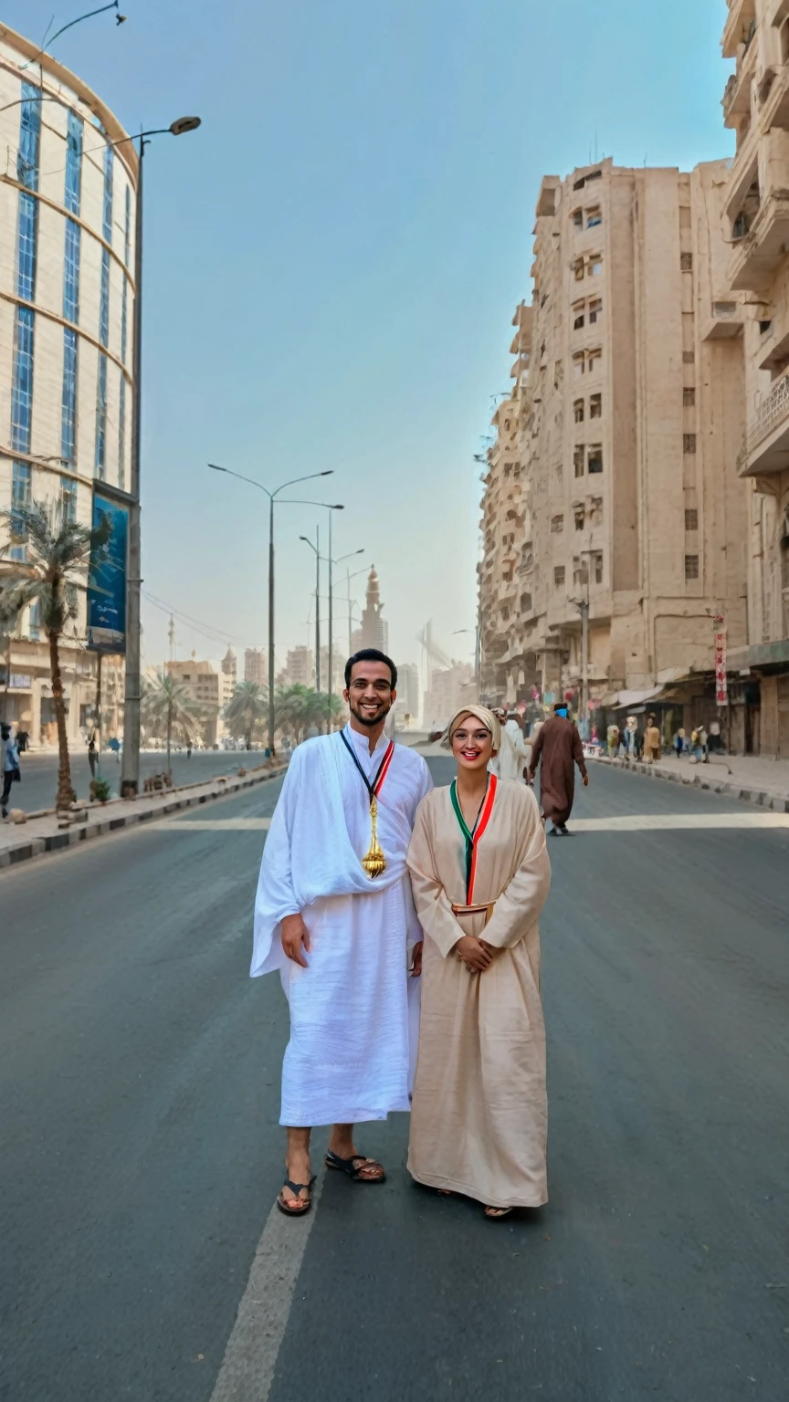 two people in traditional clothing standing in the middle of a street, wearing white robes!, photo from 2022, standing in a city center, in city street, in egypt, wearing traditional garb, profile picture 1024px, skyscrapers in the background, at a city street, wearing white robes, 🤠 using a 🖥, morning hour