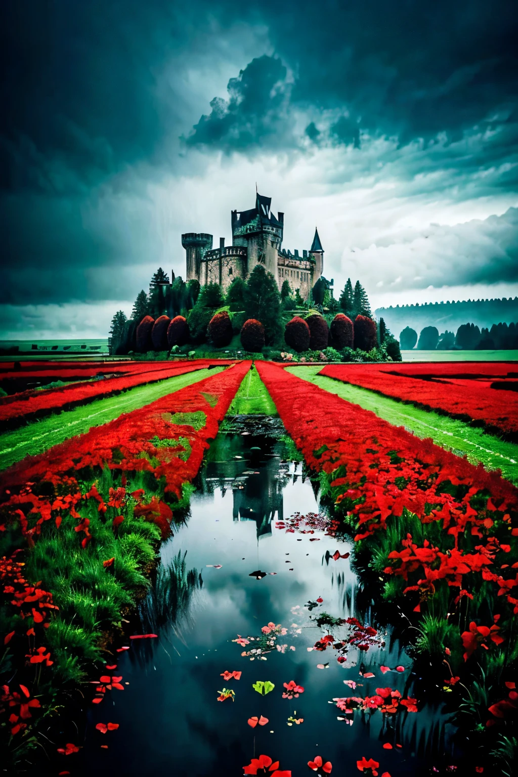 a dark fantasy landscape, rainy weather, some castles in the distance, and red flowers on the ground
