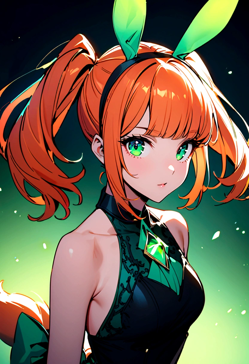 A young beautiful woman with orange hair and pointed straight bunny ears and tail with gorgeous emerald green eyes, slightly curly bangs and two ponytails
