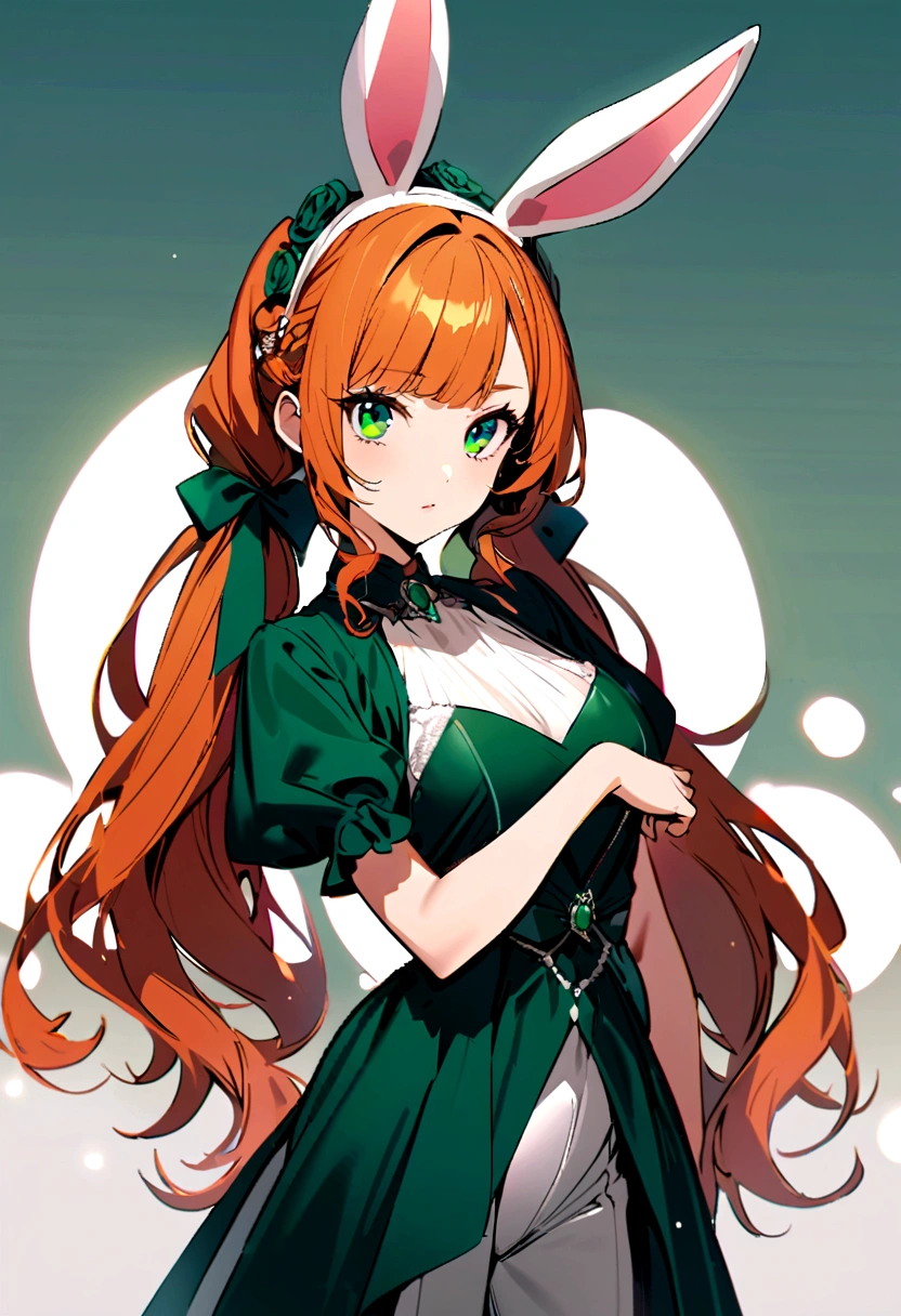 A young beautiful woman with orange hair and pointed straight bunny ears and tail with gorgeous emerald green eyes, slightly curly bangs and two ponytails