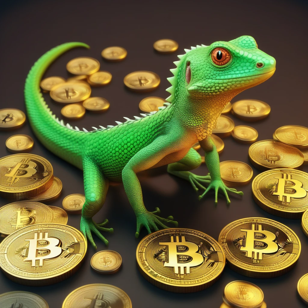 A lizard that stands on cryptocurrency (bitcoin), cartoon style, 3D, super detail