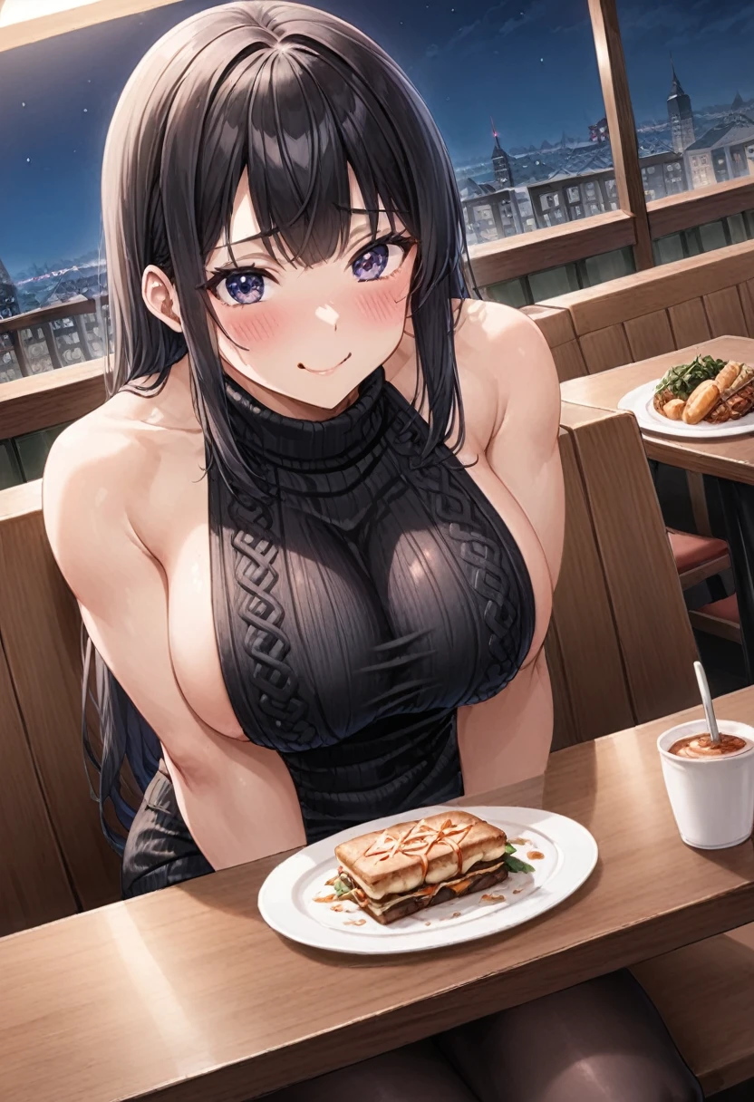 Anime, 2d anime, cartoon anime, detailed illustration, dynamic angle, ultra-detailed, illustration, 1girl, late 20’s year old, dark, night, sitting down in a fancy restaurant, eating dinner at a nice table, nighttime, Big woman, nervous, in tight clothes, embarrassed to be seen, very shy, very tall, broad shoulders, silky long black hair, muscular, tone body, sitting in a high end restaurant, date night, eating at night time, romantic dinner, subtle smile, avoiding eye contact, blushing, black dress, virgin killer sweater dress with boob window showing ample cleavage, looking down, nipples poking fabric of dress 