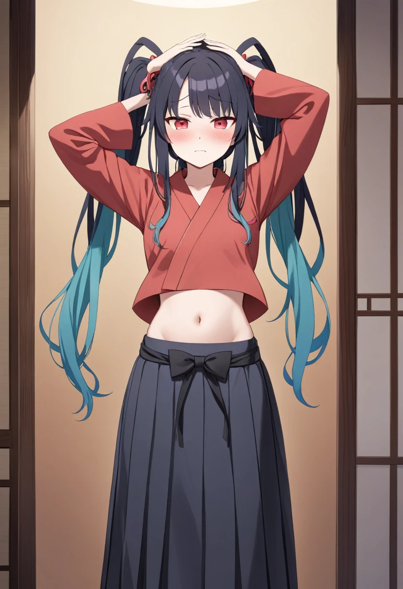 Fuuka/Blue archive, twin tail,black hair,red eye,black yakata uniform,long skirt yukata,two arm above head,navel showing, midriff,two arm pit,stand up, beautiful navel,stand up,shy face,blush,long sleeve