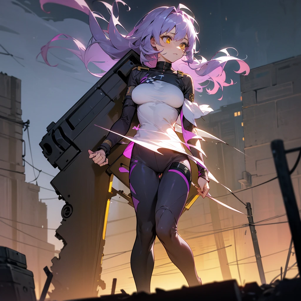 1female,bug breast, adult, finely detailed yellow eyes, wavy medium hair, pale purple hair, compression shirt, army combat pants, standing on ruined building, night time, somber expression, scars