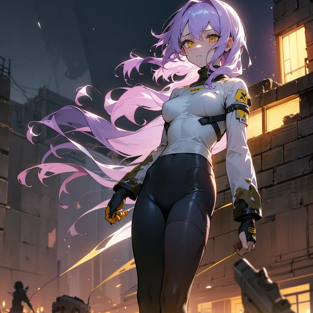 1female,bug breast, adult, finely detailed yellow eyes, wavy medium hair, pale purple hair, compression shirt, army combat pants, standing on ruined building, night time, somber expression, scars