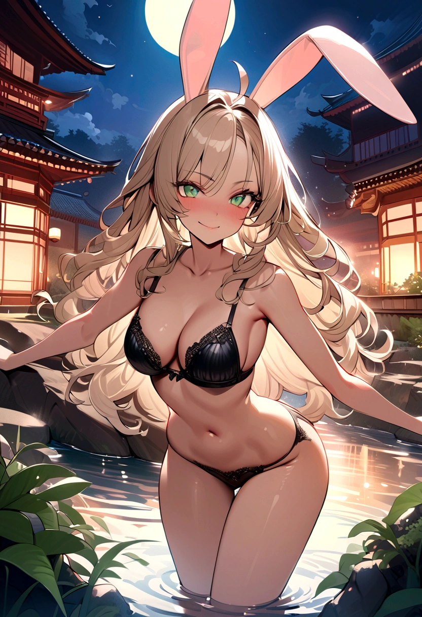 ((masterpiece)), ((best quality)), (ultra-detailed), ((extremely detailed)), 4K, (8K), best quality, (beautiful), A pretty woman with a dark skin, solo, (dark skin:0.8) ,beautiful light brown hair, light brown skin, beautiful green eyes, ((beautiful eyes)), triumphant look, smug look, self-satisfied look 、Highest quality、brown Bunny ears、Tanned woman with big 、light brown hair color, forehead Long curlyWavy Hair、White shirt、Black Bra、Black panties、Hot spring inn、a bright moon shines over beautiful scenery of garden and river in night time, moon, architecture, tree, east asian architecture, full moon, scenery, night, cloud, sky、Lots of rabbits 、Big !、Sexy