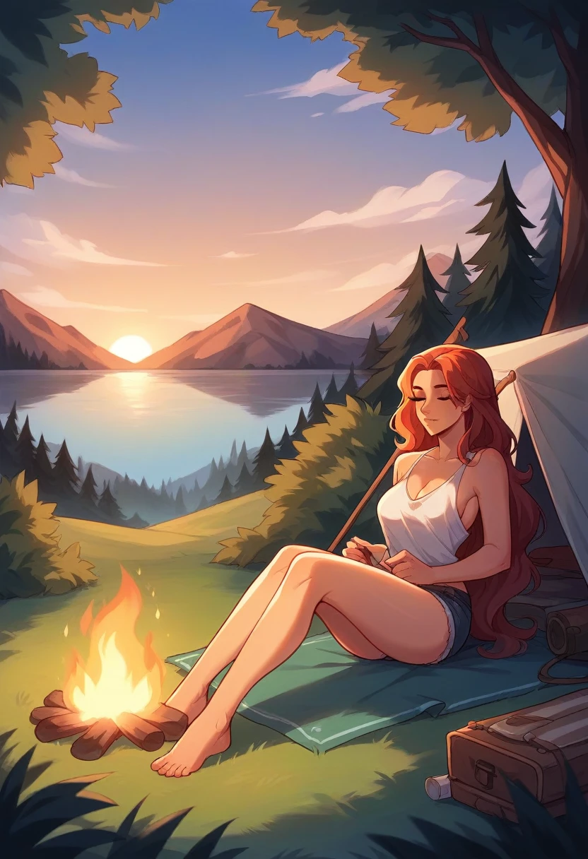 there is a campfire in the middle of a lake with a tent and picnic tables, warm beautiful scene, setting in nature, beautiful place, camping, all in the amazing outdoors view, peaceful environment, relaxing environment, epic and stunning, sunset time, beautiful environment, beautiful setting, peaceful atmosphere, camp fire, serene evening atmosphere, epic scenic shot, cozy place