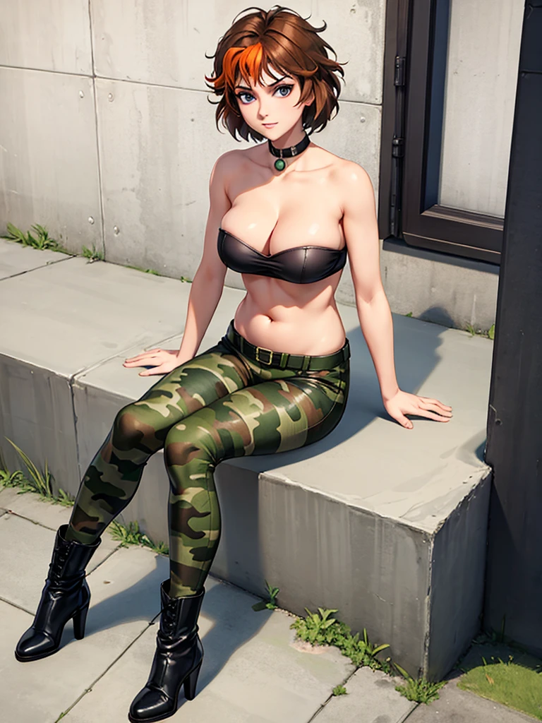 merula, full body, thighs, boots high heels, solo girl, medium tits, military camouflage pants, belly, top strapless, sitting