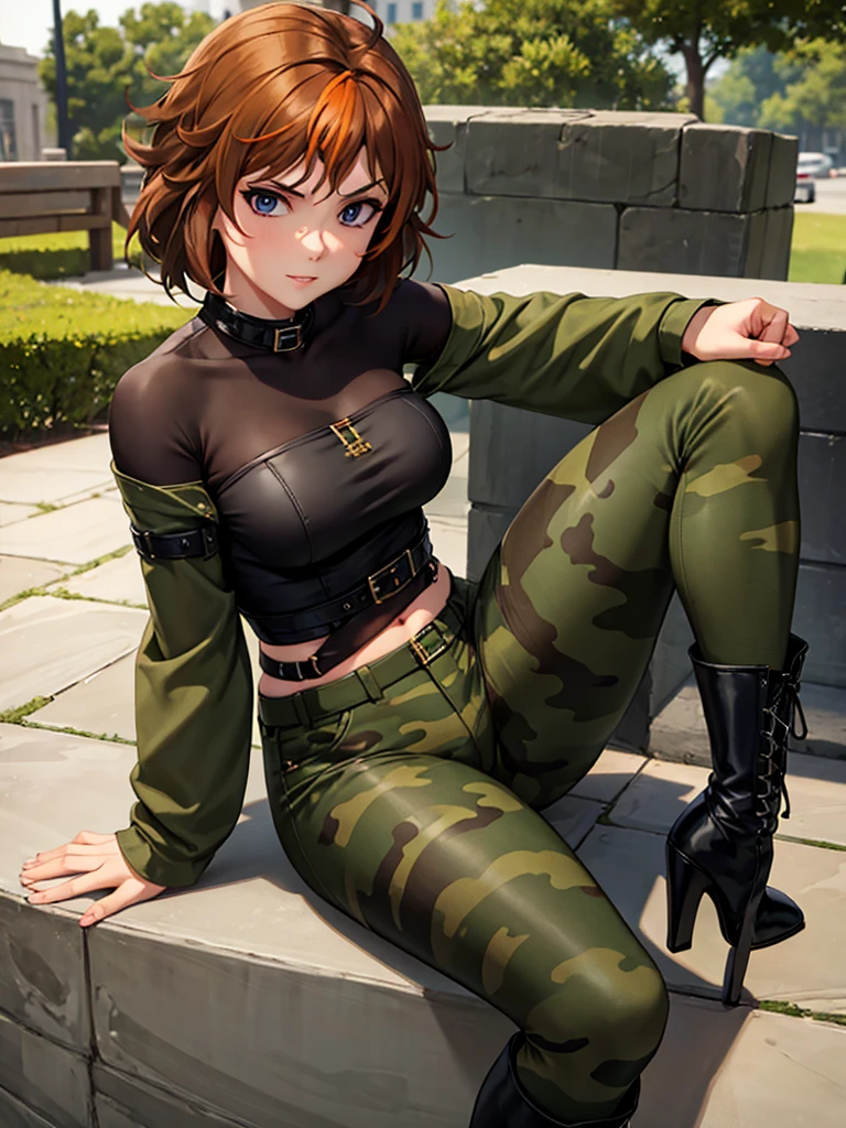 merula, full body, thighs, boots high heels, solo girl, medium tits, military camouflage pants, belly, top strapless, sitting