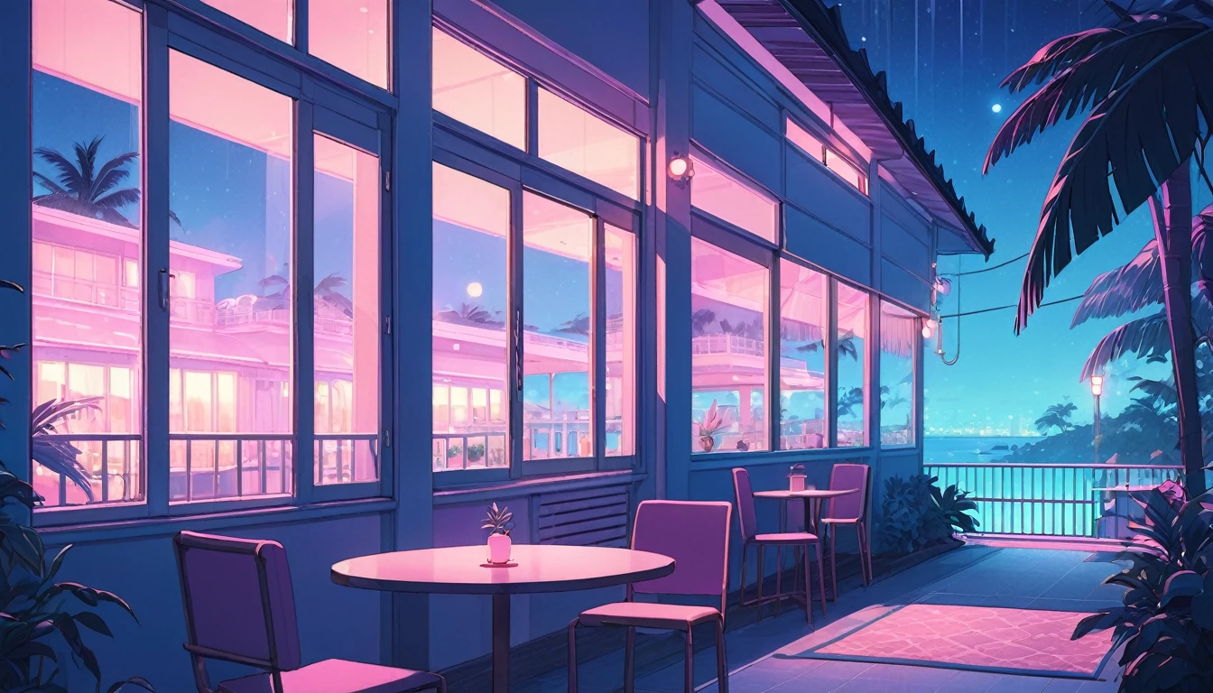 Window of a tropical resort hotel、Pastel tones、lofi、Night view、Night atmosphere、light up