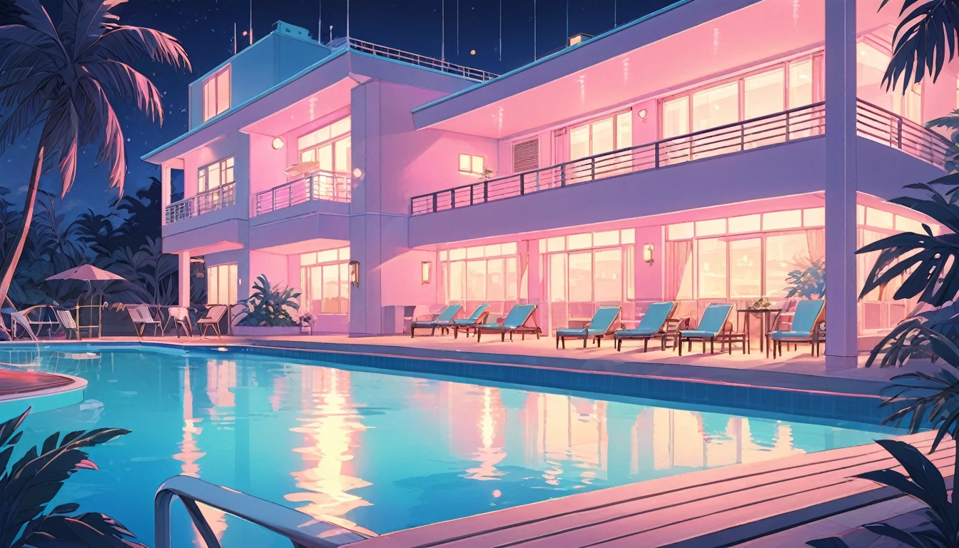 Window of a tropical resort hotel、Pastel tones、lofi、Night view、Night atmosphere、light up