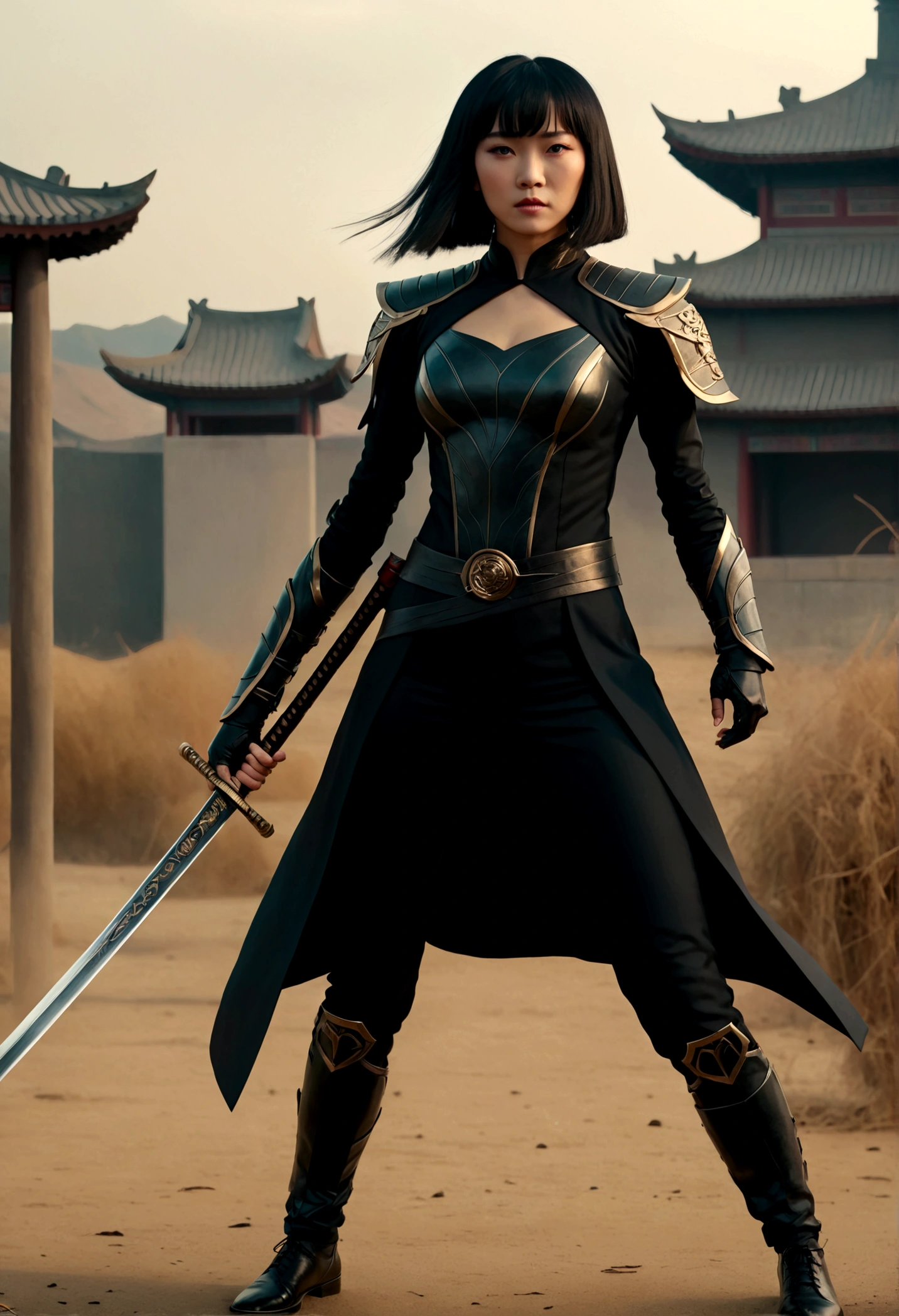 (masterpiece, top quality, Best quality, Beautiful Chinese woman in a black suit, holding a chinese sword, full body cinematic shot, "modern superhero costume", Chinese woman with bangs, bold character, Kind, Brave, on the battlefield, DC вселенная