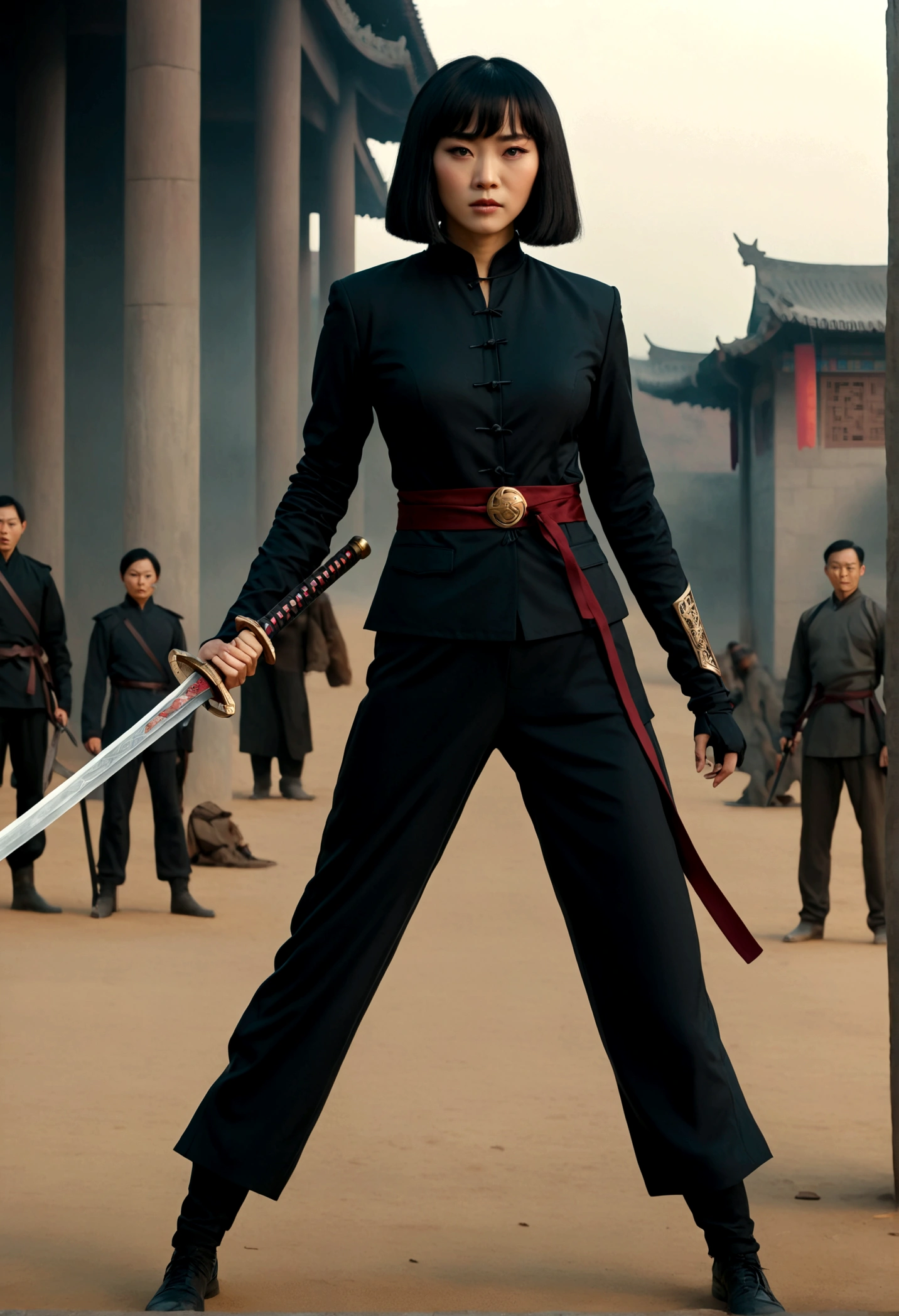 (masterpiece, top quality, Best quality, Beautiful Chinese woman in a black suit, holding a chinese sword, full body cinematic shot, "modern superhero costume", Chinese woman with bangs, bold character, Kind, Brave, on the battlefield, DC вселенная