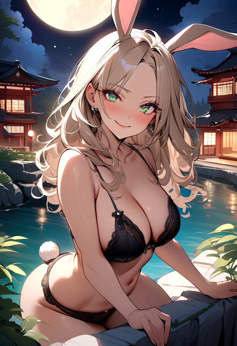((masterpiece)), ((best quality)), (ultra-detailed), ((extremely detailed)), 4K, (8K), best quality, (beautiful), A pretty woman with a dark skin, solo, (dark skin:0.8) ,beautiful light brown hair, light brown skin, beautiful green eyes, ((beautiful eyes)), triumphant look, smug look, self-satisfied look 、Highest quality、brown Bunny ears、Tanned woman with big 、light brown hair color, forehead  Long curlyWavy Hair、White shirt、Black Bra、Black panties、There is a rabbit、Hot spring inn、a bright moon shines over beautiful scenery of garden and river in night time, moon, architecture, tree, east asian architecture, full moon, scenery, night, cloud, sky、Lots of rabbits 、Big ！、Sexy