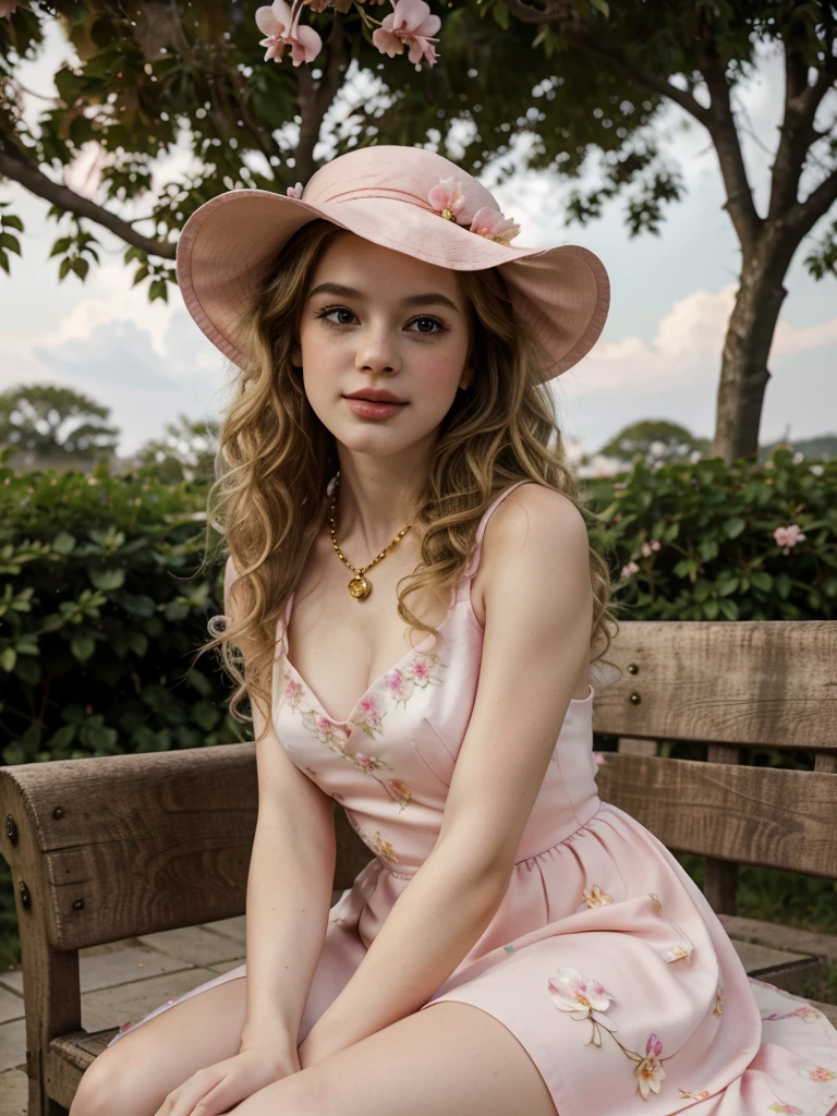 Masterpiece, Best quality, high resolution, realistic , hyperrealism , lifelike photography ,1950s, portrait position, alluring beautiful full body shot, (curly blondish brunette long hair, blue cat-shaped eyes), white skin with freckles, beautiful pink flower hat, beautiful period dress with flower embroidery and details , beautiful golden necklaces & bracelets, elegant bearing, beautiful landscape background of a rose & lilac & orchid garden, high budget , beautiful mesmerizing face and small nose, long and curly sparkling hair , holding a beautiful orange stray cat , clivage , sunset , pink clouds , yellowish red rays at the horizon, elegant posing, beautiful legs, fit body, gorgeous Russian woman sitting on a park bench