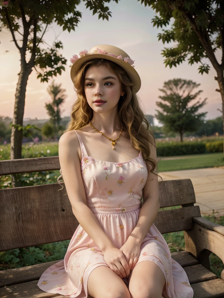 Masterpiece, Best quality, high resolution, realistic , hyperrealism , lifelike photography ,1950s, portrait position, alluring beautiful full body shot, (curly blondish brunette long hair, blue cat-shaped eyes), white skin with freckles, beautiful pink flower hat, beautiful period dress with flower embroidery and details , beautiful golden necklaces & bracelets, elegant bearing, beautiful landscape background of a rose & lilac & orchid garden, high budget , beautiful mesmerizing face and small nose, long and curly sparkling hair , holding a beautiful orange stray cat , clivage , sunset , pink clouds , yellowish red rays at the horizon, elegant posing, beautiful legs, fit body, gorgeous Russian woman sitting on a park bench