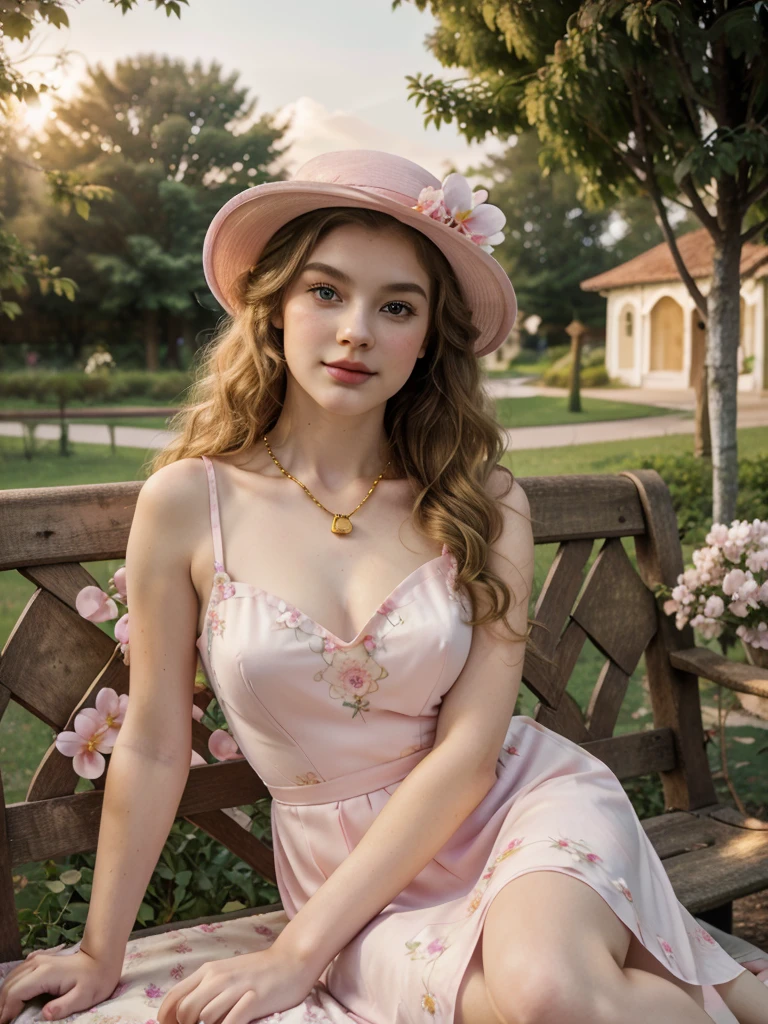 Masterpiece, Best quality, high resolution, realistic , hyperrealism , lifelike photography ,1950s, portrait position, alluring beautiful full body shot, (curly blondish brunette long hair, blue cat-shaped eyes), white skin with freckles, beautiful pink flower hat, beautiful period dress with flower embroidery and details , beautiful golden  necklaces & bracelets, elegant bearing, beautiful landscape background of a rose & lilac & orchid garden, high budget , beautiful mesmerizing face and small nose, long and curly sparkling hair , holding a beautiful orange stray cat , clivage , sunset , pink clouds , yellowish red rays at the horizon, elegant posing, beautiful legs, fit body, gorgeous Russian woman sitting on a park bench