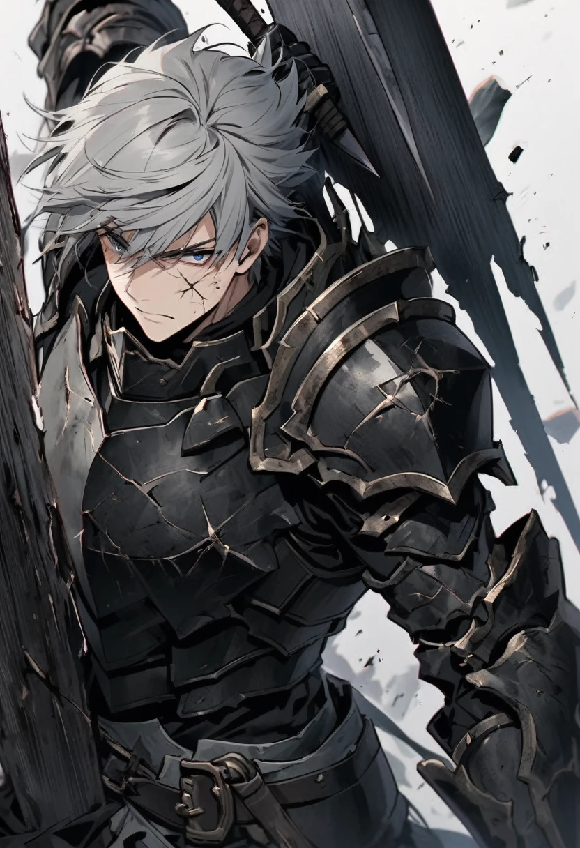 Man with long grey hair 28 years old Hold the sword Black armor is dirty and cracked
