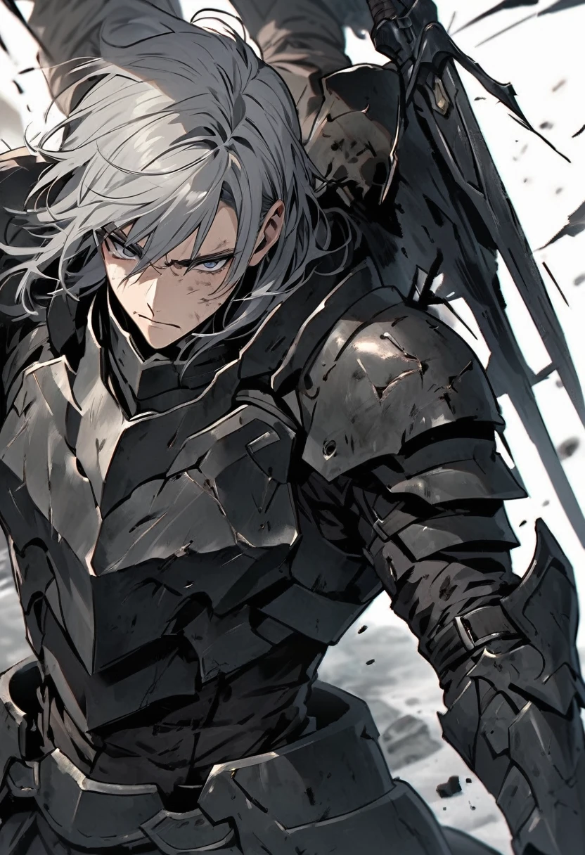 Man with long grey hair 28 years old Hold the sword Black armor is dirty and cracked