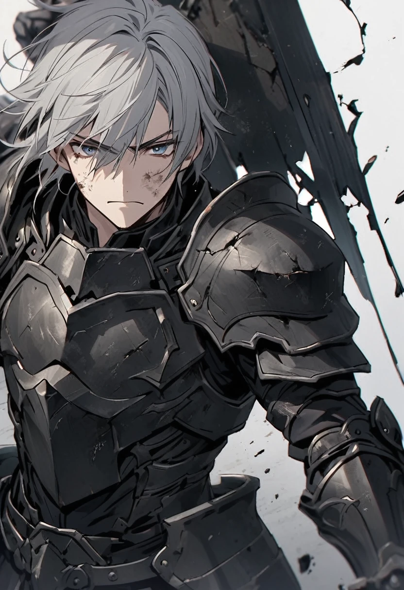 Man with long grey hair 28 years old Hold the sword Black armor is dirty and cracked
