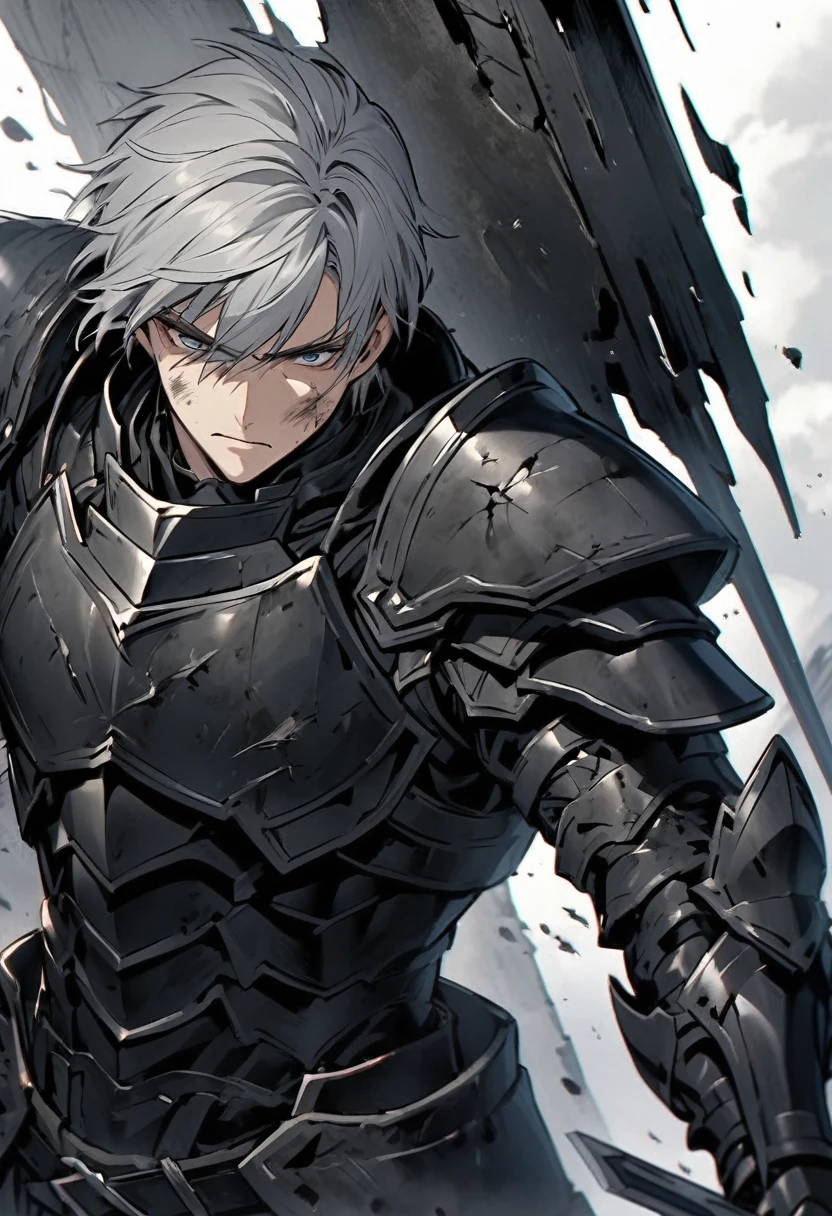 Man with long grey hair　28 years old　Hold the sword　Black armor is dirty and cracked　
