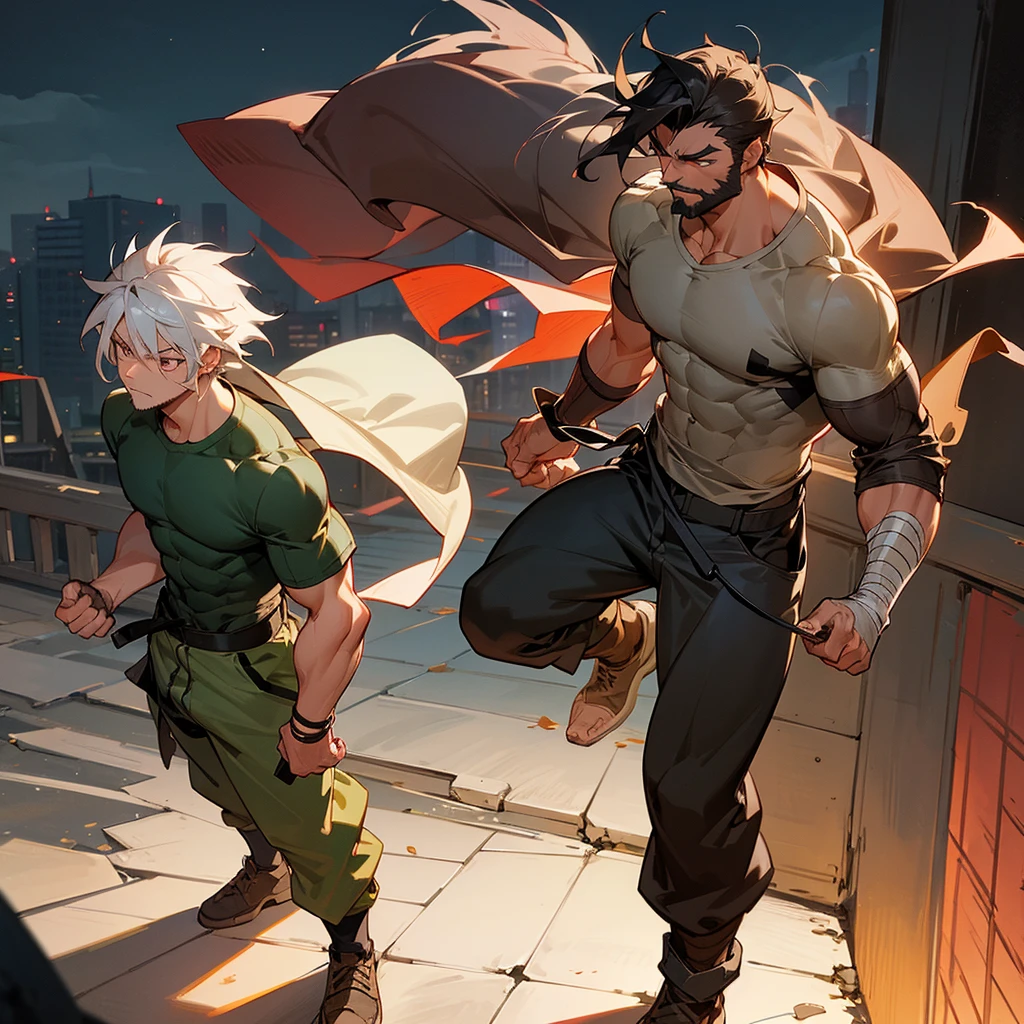 1male, adult, tan skin, finely detailed rose eyes, wolverine hair cut, casual clothing, baggy army combat pants, compression shirt, arm band, standing on ruined building, night time, serious expression, muscular, bulky, full beard