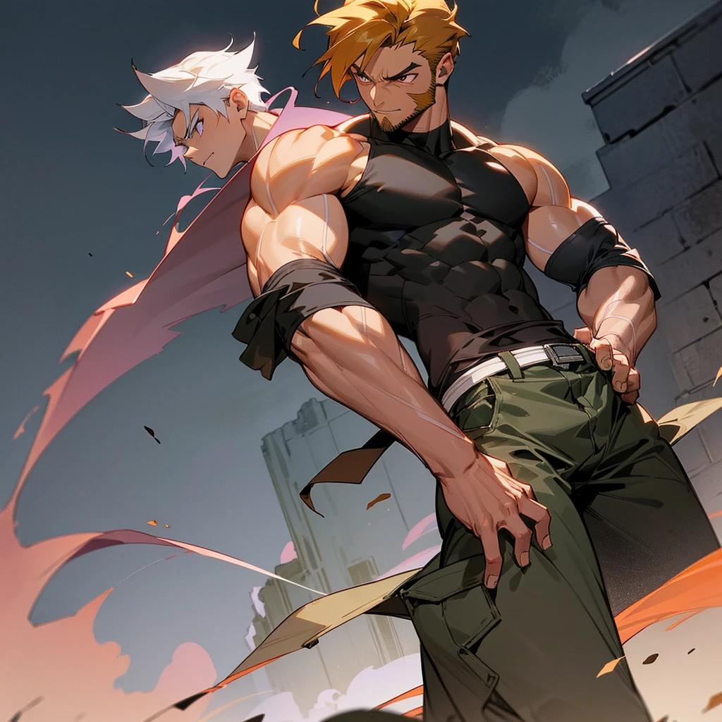 1male, adult, tan skin, finely detailed rose eyes, wolverine hair cut, casual clothing, baggy army combat pants, compression shirt, arm band, standing on ruined building, night time, serious expression, muscular, bulky, full beard