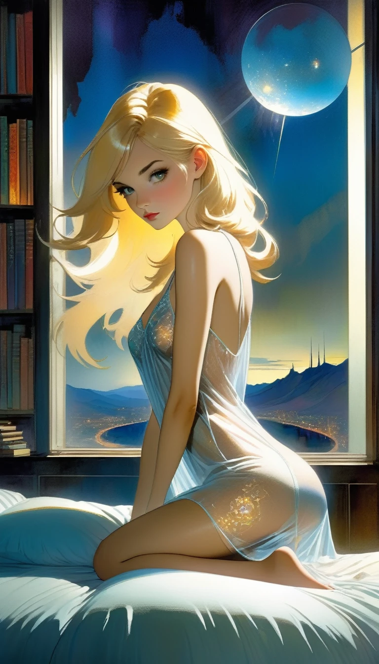 sexy girl, transparent embroidered nightgown, blonde, in bed, eroticism, large window, night, ((large futuristic landscape:1.5)), large library in the room, large amount of details (inspired by art by Bill Sienkiewicz). oil painting)
