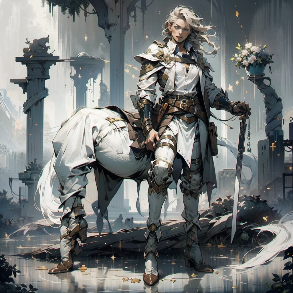 aot style, shingeki no kyojin,, , christa renz,, 1man, belt, belt buckle, blonde hair, blue eyes, brown footwear, brown pants, buckle, chest belt, collared shirt, diamond (shape), floating hair, from side, full body, grey background, hair between eyes, hands on own thighs, long hair, long sleeves, looking ahead, own hands together, pants, parted lips, shirt, shoes, sitting, solo, sparkle, star (symbol), thigh strap, white shirt, , , ((masterpiece)), best quality, , 