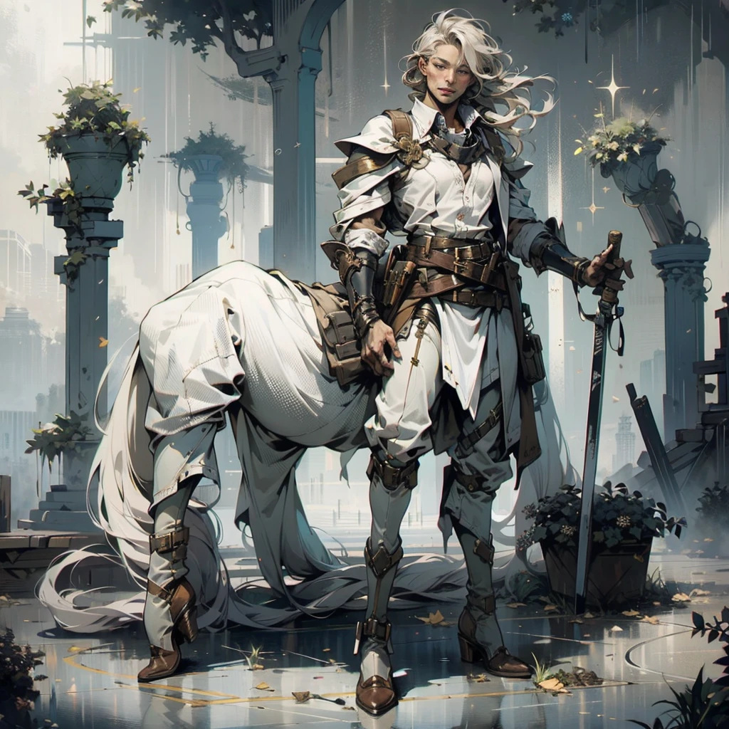 aot style, shingeki no kyojin,, , christa renz,, 1man, belt, belt buckle, blonde hair, blue eyes, brown footwear, brown pants, buckle, chest belt, collared shirt, diamond (shape), floating hair, from side, full body, grey background, hair between eyes, hands on own thighs, long hair, long sleeves, looking ahead, own hands together, pants, parted lips, shirt, shoes, sitting, solo, sparkle, star (symbol), thigh strap, white shirt, , , ((masterpiece)), best quality, ,