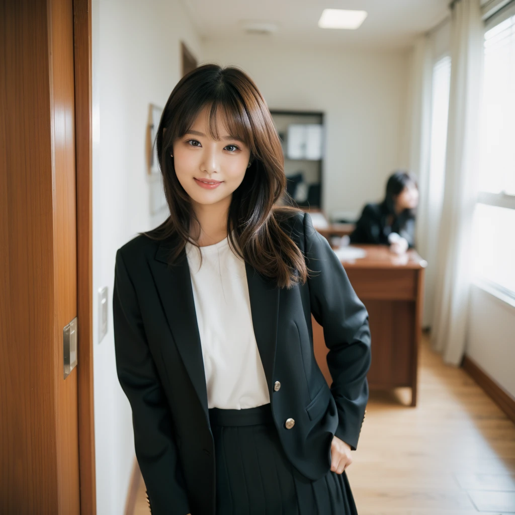 Absurd:2.0、(Blushing、I had already finished:1.6、Cowboy Shot:1.6, smile, Blunt Bang)、Japanese actress、Cowboy Shot、alone, 25-year-old woman、Realistic, unity 8k wallpaper, masterpiece, Realistic Face, Realistic texture ,Detailed Hair, Very detailed, Realistic glistening skin, light makeup, ((Black suit skirt:1.3、Suit jacket:1.3, Curvy, Iris、))、(In the modern office:1.2)、