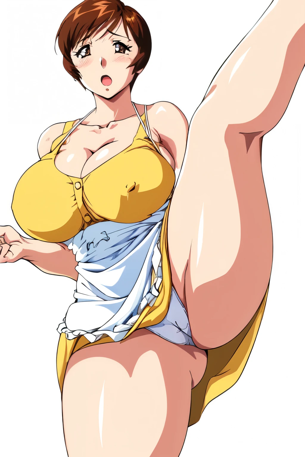 masterpiece, highest quality, High resolution, One girl, alone, sexual intercourse, Pornographic images, short hair, etsukoto, Brown eyes, fine grain, fine grain, (((Thick thighs, Plump thighs, Voluptuous thighs, Thighs alone are enough))), Huge and ample breasts, Cleavage, Huge long breasts, Naughty big,((Big breasts are important))、((Naughty thighs)), L Cup, (thin:1.4),(Tight waist:1.4), (Yellow Dress:1.4), ((white waist apron)), White panties, anguish, :o, blush, (((Simple Background))), ((Wide Hips)), Shiny, Oily skin, Mature mother, Calf, Seductive mature woman, Perfect body, Plus Size Model, curvy, ample, etsukoto, blush, clavicle, retro artstyle, 1990s (style), (thick thighs:1.4), standing split, standing on one leg, bare legs, showing leg, from below, looking down, looking at viewer, nsfw,