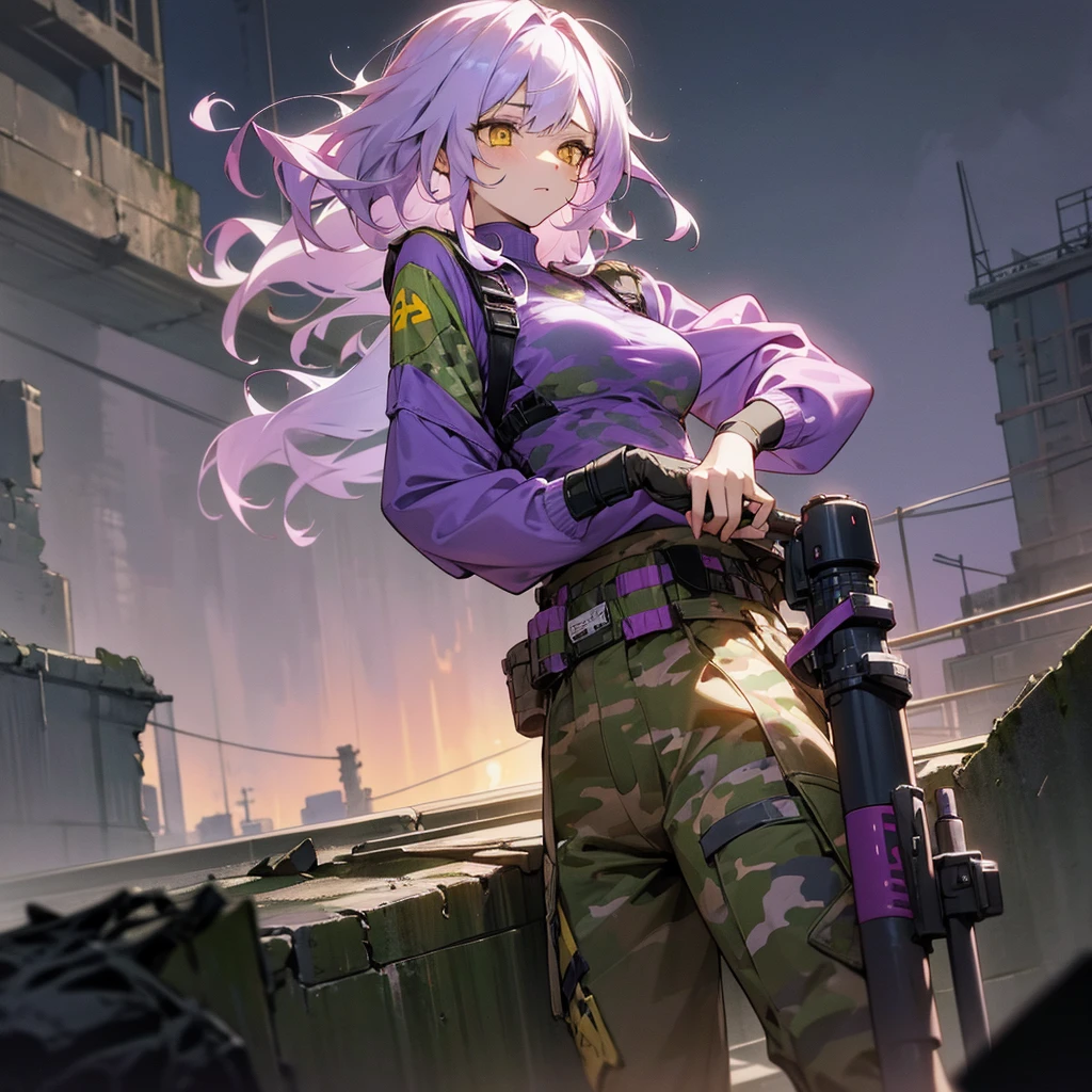 1female,bug breast, adult, finely detailed yellow eyes, wavy medium hair, pale purple hair, compression shirt, baggy army camo combat pants, standing on ruined building, night time, somber expression, scars