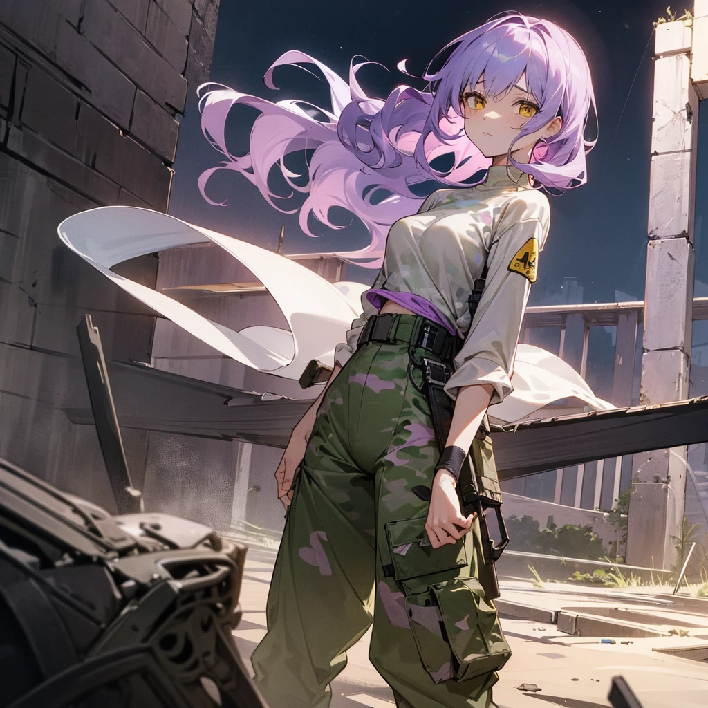 1female,bug , adult, finely detailed yellow eyes, wavy medium hair, pale purple hair, compression shirt, baggy army camo combat pants, standing on ruined building, night time, somber expression, scars