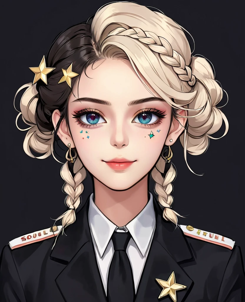 (Digital Illustration,Detailed anime style girl portrait,Solitary,symmetry),(Big colorful eyes,Fashionable and exquisite facial features,Exquisite makeup,Sweet smile,Star symbol mark on cheek,Soulful gaze,),(Fluffy braids,Beautiful hairstyle,Hairpin),(Black suit,Epaulettes-Chain,cool,),Clean and simple white background,(((Correct human anatomy)))