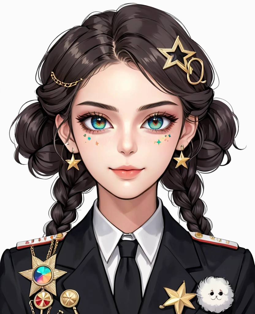 (Digital Illustration，Detailed anime style girl portrait，Solitary，symmetry)，(Big colorful eyes，Fashionable and exquisite facial features，Exquisite makeup，Sweet smile，Star symbol mark on cheek，Soulful gaze，)，(Fluffy braids，Beautiful hairstyle，Hairpin)，(Black suit，Epaulettes-Chain，cool，)，Clean and simple white background，(((Correct human anatomy)))