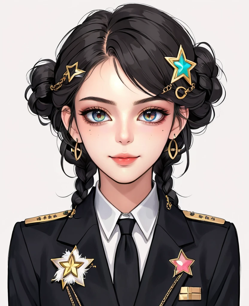 (Digital Illustration，Detailed anime style girl portrait，Solitary，symmetry)，(Big colorful eyes，Fashionable and exquisite facial features，Exquisite makeup，Sweet smile，Star symbol mark on cheek，Soulful gaze，)，(Fluffy braids，Beautiful hairstyle，Hairpin)，(Black suit，Epaulettes-Chain，cool，)，Clean and simple white background，(((Correct human anatomy)))