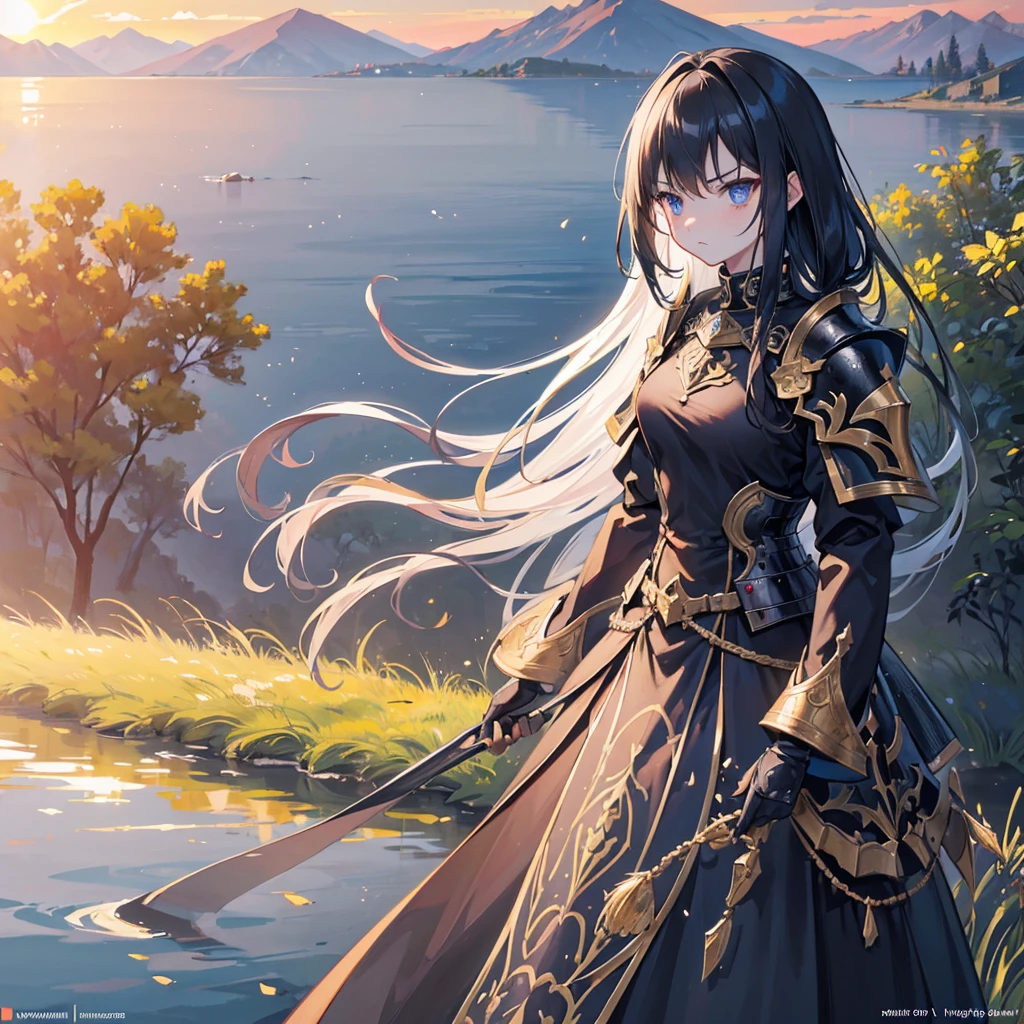 1 girl, serene expression, mesmerizing eyes, wearing black full black knight armor and full-face knight helmet, wearing knight face mask, standing in the middle of a vast flower field, angry face, black hair, blue eyes, poised posture, porcelain skin, subtle blush, crystal pendant BREAK golden hour, (rim lighting):1.2, warm tones, sun flare, soft shadows, vibrant colors, painterly effect, dreamy atmosphere BREAK scenic lake, distant mountains, willow tree, calm water, reflection, sunlit clouds, peaceful ambiance, idyllic sunset, ultra detailed, official art, unity 8k wallpaper , zentangle, mandala, angry face