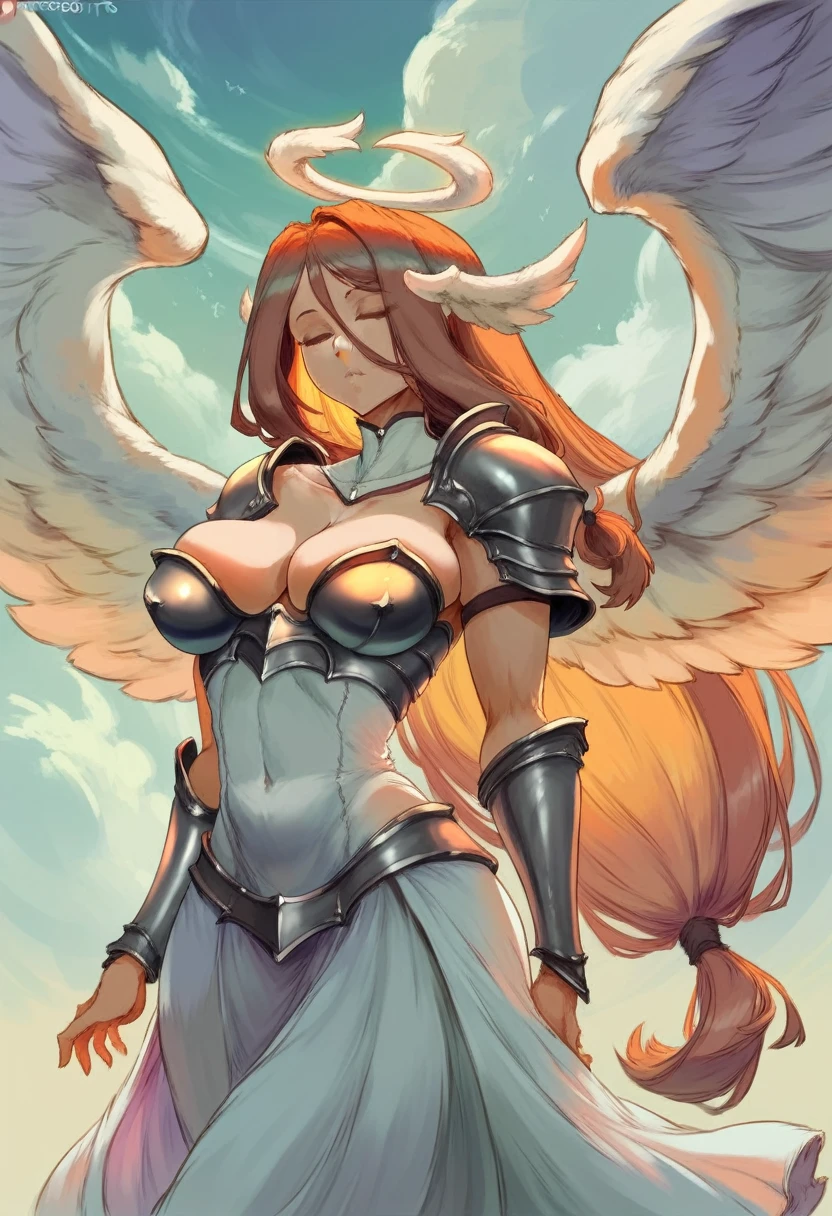 cutesexyrobutts style, 1girl, long_hair, solo, closed_eyes, breasts, wings, angel_wings, dress, head_wings, very_long_hair, armor, large_breasts, cleavage, cloud, angel, hair_over_one_eye, shoulder_armor, low-tied_long_hair