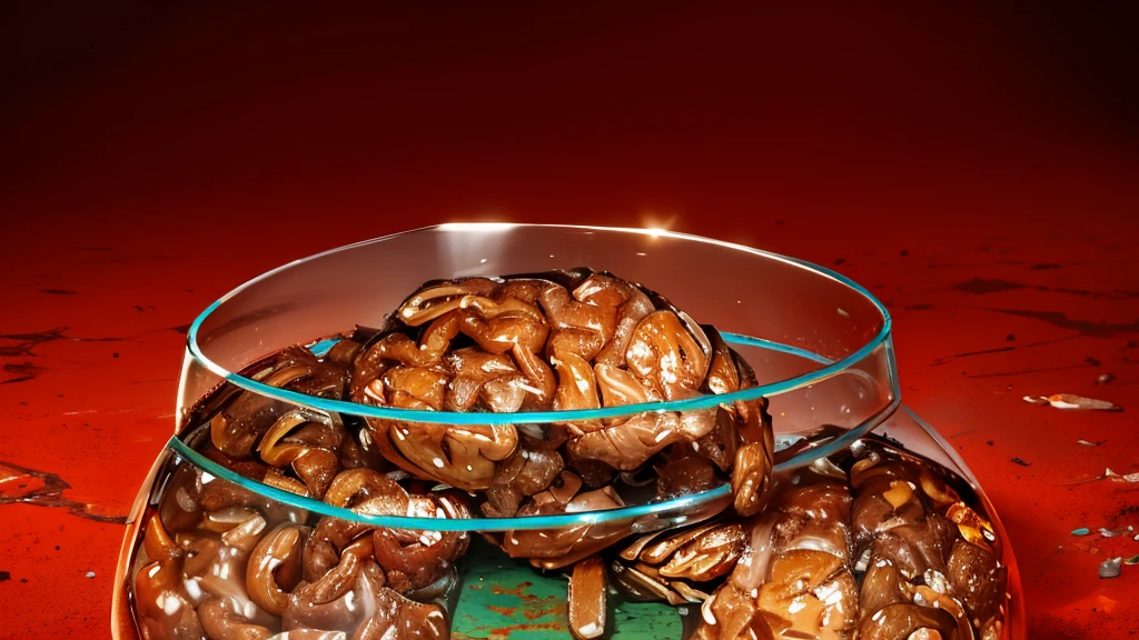 human brain stored in a glass jar, blood, in a canibal market, dirt ground, dawn time,