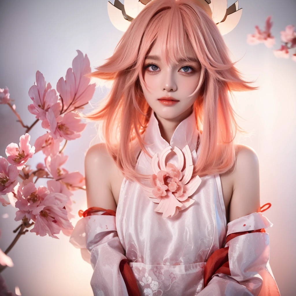 Light pink hair, pink eyes, pink and white, sakura leafs, vivid colors, white dress, paint splash, simple background, ray tracing, wavy hair