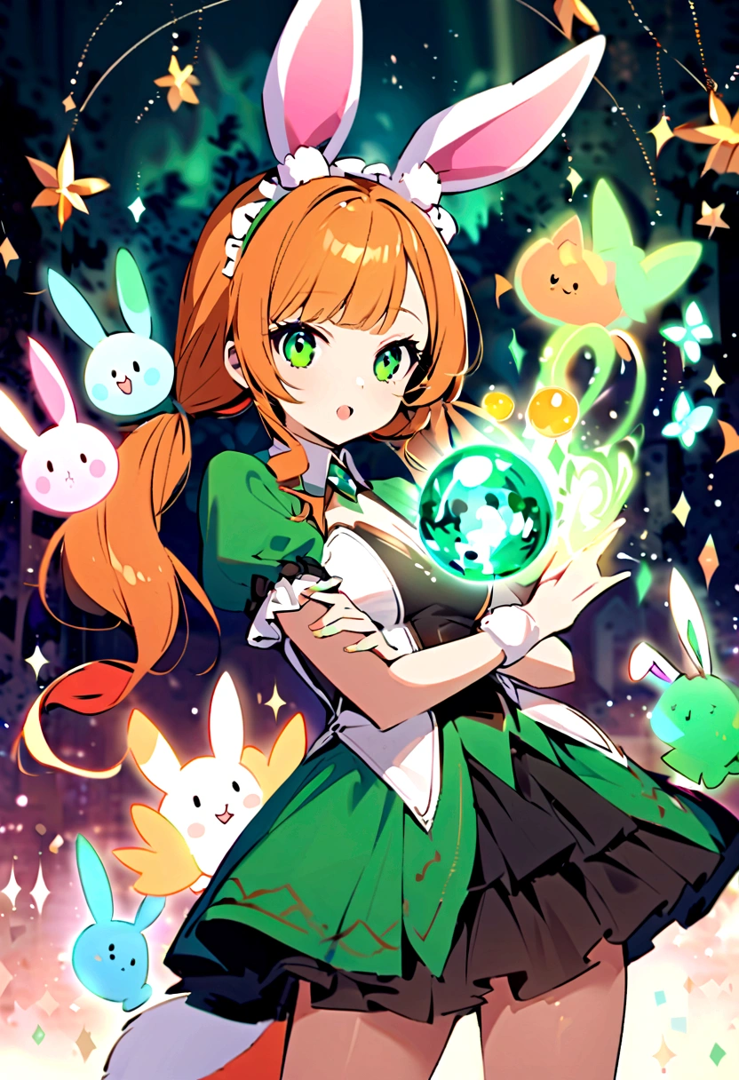 A half bunny half beautiful young woman with orange hair and pointed straight bunny ears and tail with gorgeous emerald green eyes, slightly curly bangs and two ponytails,that has a cute charm