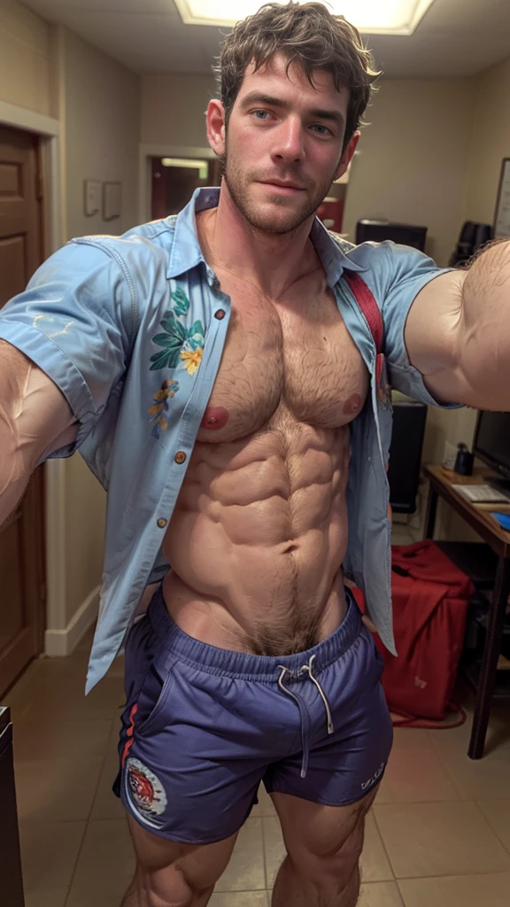 Masterpiece, denoise, void noise, one man, best quality, 8k resolution, male focus, focus only, amazing composition, volumetric lighting, super quality, elegant, Very detailed, beach, front view, facing viewer , -----------, 35 years old, face, muscular, thin body, Caucasian, (((white skin, pale skin))), handsome, (detailed light-blue eyes), light blonde hair, big ears, (((hairy pectorals, thick plenty chest and body hair))), ((Medium long beard)), (((((Jim Sturgess and Russell Tovey mixed face and hair))))), (((big nippley nipples))), -----, ((((detailed shorts)))), ((((clear color hawaiian style short sleeve shirt flown)))), (((holding frame pov: like taking a selfie))),