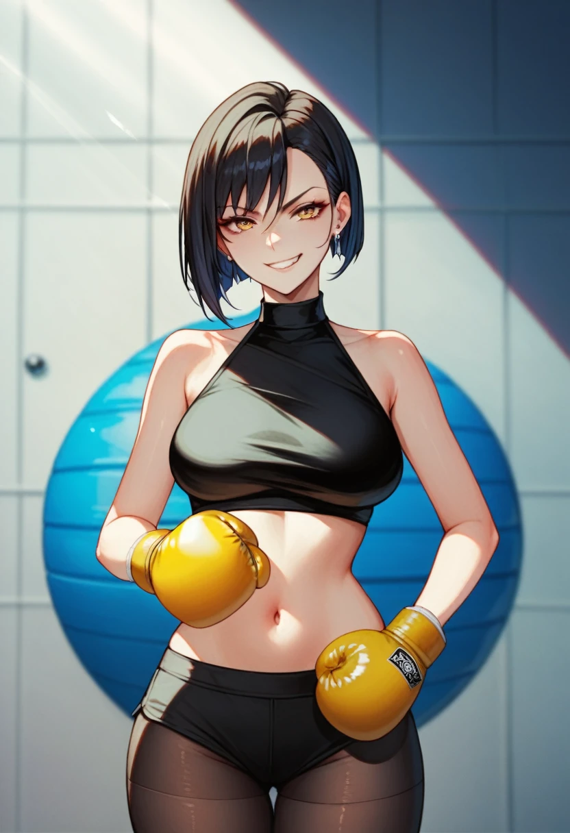 2D anime picture, (anime style 1), single female arrogant boxer, 20 years old, sadistic, Japanese, smirks at the viewer, beautiful long black hairstyle, lush breasts, in black high neck crop top, in black leggings, in yellow boxing gloves стоит возле боксёрском ринге, in empty gym, night